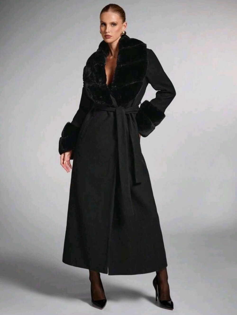 Women's Black Autumn Elegant Formal Evening Long Wool Blend Coat, Fluffy Shawl